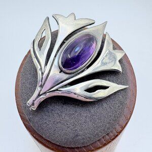 Sterling Silver 925 Mid-Century Modern Amethyst Floral Brooch Size 1.5" Length